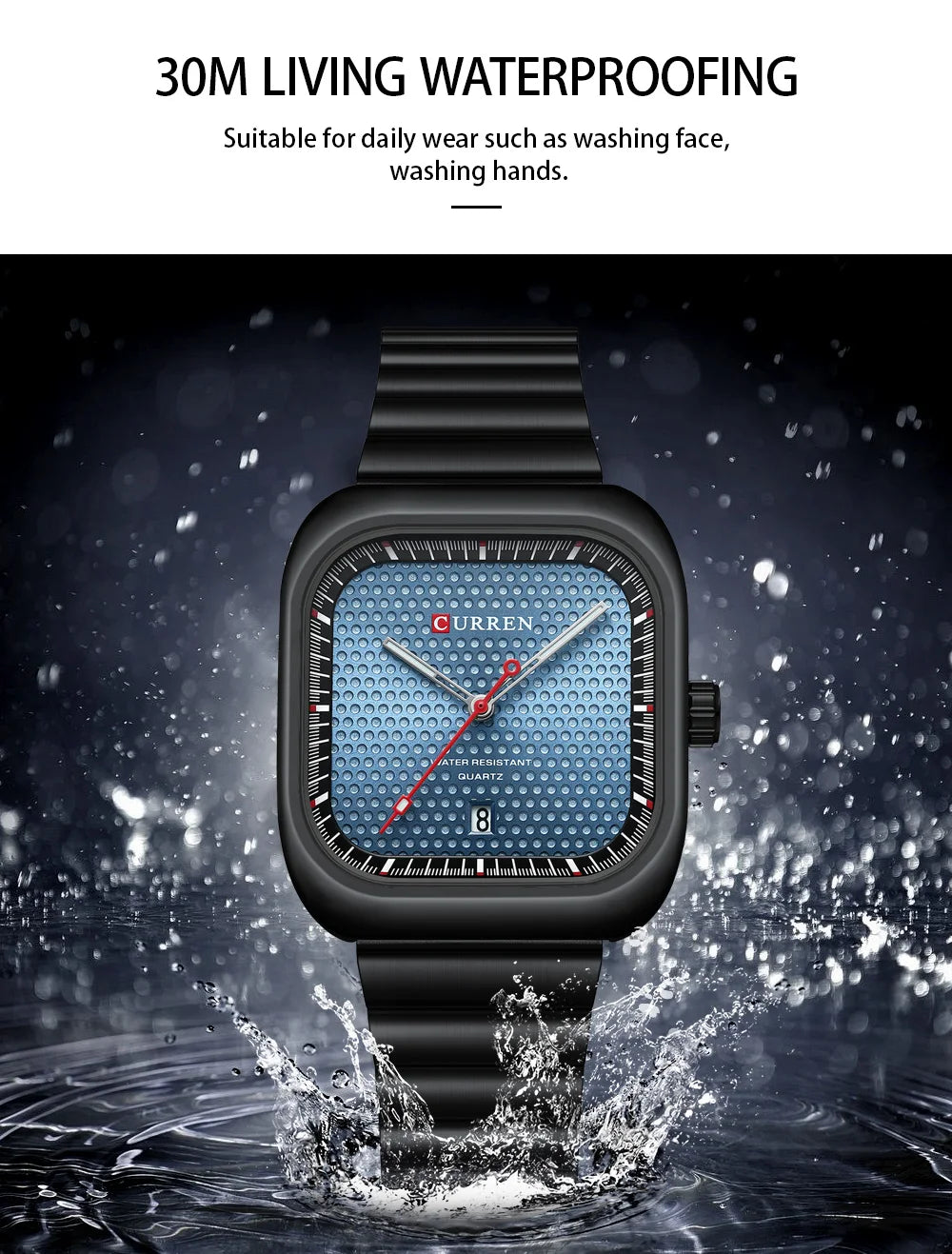 CURREN Simple Business Square Quartz Watches Casual Stainless Steel Bracelet Wristwatch with Auto Date for Men
