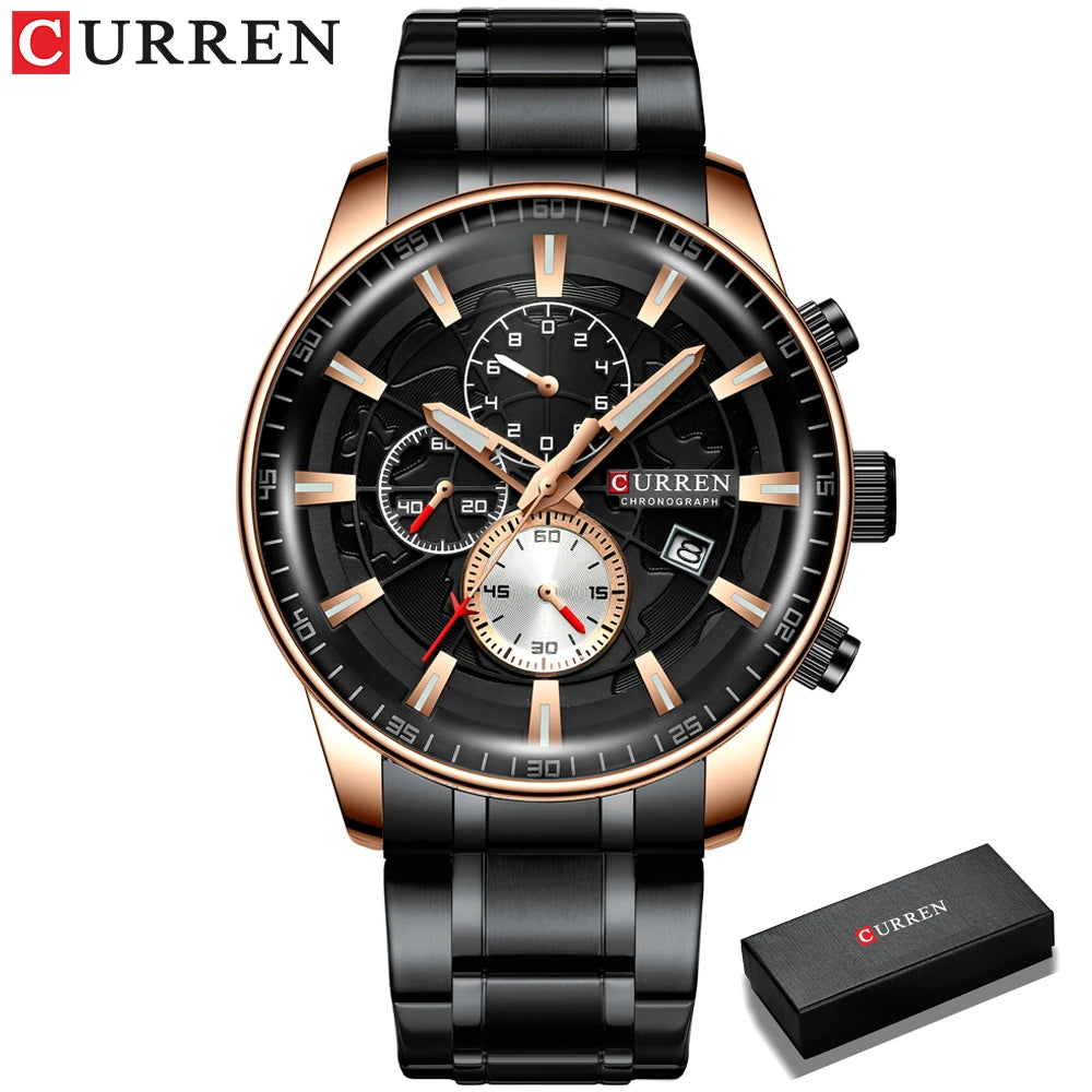 CURREN Watches Mens Fashion Sports Wristwatch with Chronograph Luminous hands Clock Male Watch Blue Stainless Steel Band