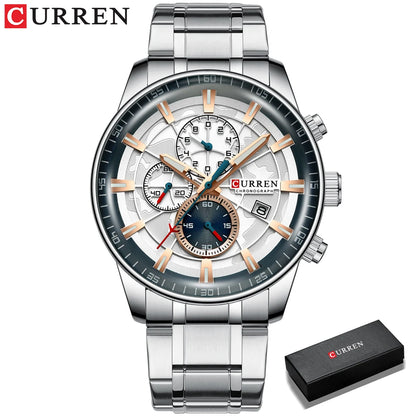 CURREN Watches Mens Fashion Sports Wristwatch with Chronograph Luminous hands Clock Male Watch Blue Stainless Steel Band